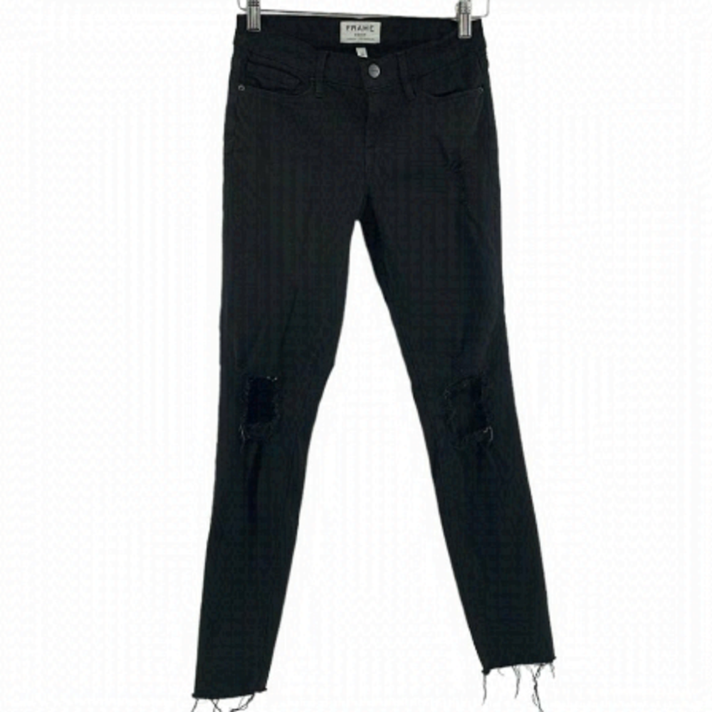 𝅺FRAME denim black skinny distressed jeans lord noir sz 26